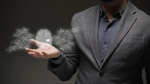 Artificial intelligence concept. hands show augmented reality projection Stock Footage 168337757