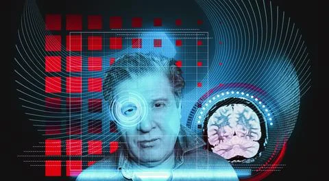 Artificial intelligence concept. Head, face with cybernetic digital brain, ne 스톡 사진