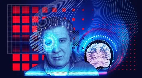 Artificial intelligence concept. Head, face with cybernetic digital brain, ne 스톡 사진