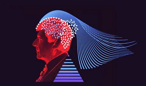 Artificial intelligence concept. Head, face with cybernetic digital brain, ne Stock Photos
