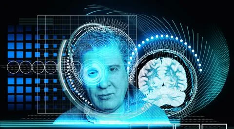 Artificial intelligence concept . Head, face with cybernetic digital brain, n 스톡 사진