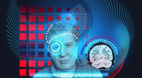 Artificial intelligence concept . Head, face with cybernetic digital brain, n 스톡 사진