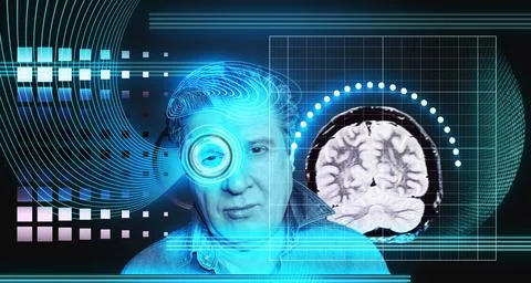 Artificial intelligence concept . Head, face with cybernetic digital brain, n 스톡 사진