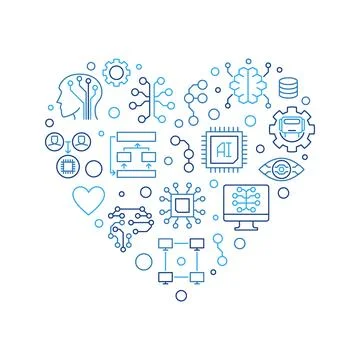 Artificial Intelligence concept heart shaped thin line banner or AI Technol.. Stock Illustration