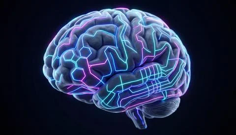 Artificial intelligence concept with human brain connected by bright neon c.. イラスト素材