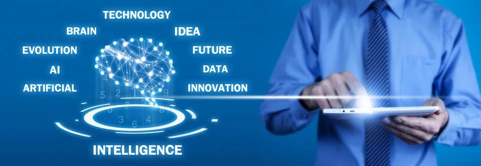 Artificial intelligence concept with a human brain. Stock Photos