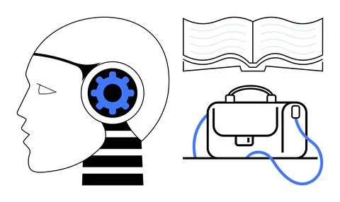 Artificial Intelligence Concept with Human Head, Gear, Open Book, and Briefca Stock Illustration