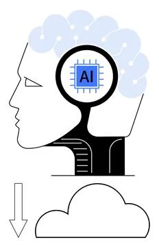 Artificial Intelligence Concept with Human Head, AI Chip, and Cloud Storage Stock Illustration
