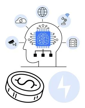 Artificial Intelligence Concept with Human Head, Digital Brain, and Technol.. Stock Illustration