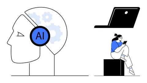 Artificial Intelligence Concept with Human Head, Laptop, and Woman Using Tabl Illustrazione stock
