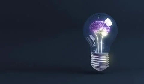 Artificial intelligence concept, lightbulb with human brain, e-learning, 3d Stock Illustration