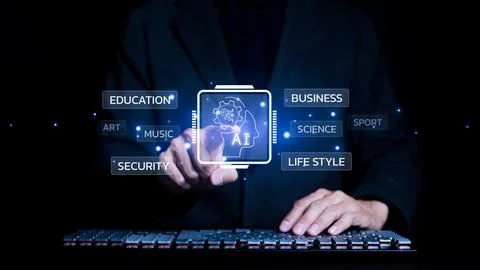 Artificial Intelligence Concept. Man use AI to help work or use AI everyday. Stock Photos