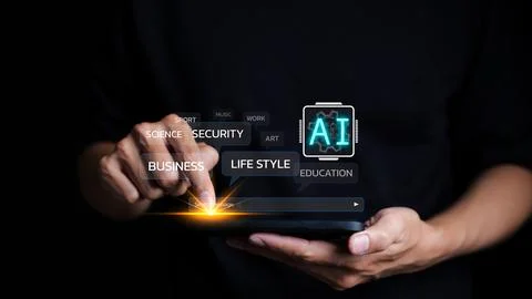 Artificial Intelligence Concept. Man use ai to help work or use AI. Stock Photos