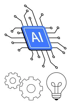 Artificial Intelligence Concept with Microchip, Gears, and Lightbulb Highli.. Stock Illustration