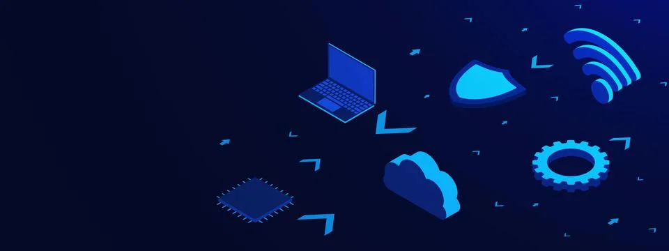 Artificial intelligence concept with microchip, laptop, cloud, shield, gear 스톡 일러스트