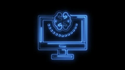 Artificial intelligence concept neon glow computer display with brain Stock Footage 322971936