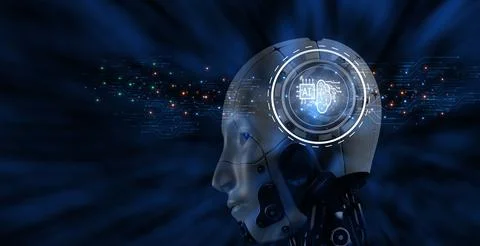 Artificial intelligence concept. A robot with a head that has a computer ch.. Illustrazione stock