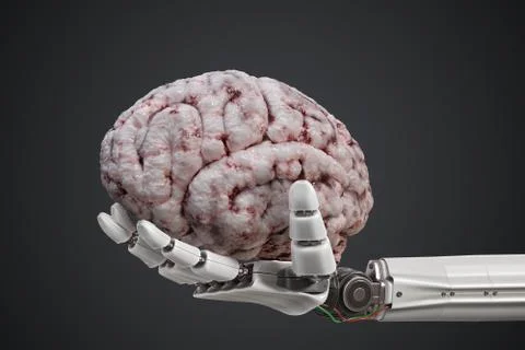 Artificial intelligence concept. Robotic hand is holding human brain. 3D rend Stockillustratie