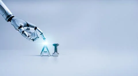 Artificial intelligence concept with robotic hand interacting with 3d AI te.. Stock Photos