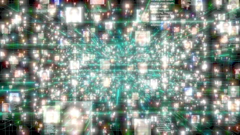 Artificial intelligence concept. Searching in a stream of shining unrecognizable Stock Footage 248485438