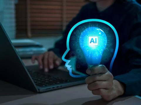 Artificial Intelligence concept with smart brain and AI chip on light bulb .. Stock Photos