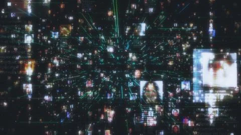 Artificial intelligence concept with a social network as a dark stream of Stock Illustration