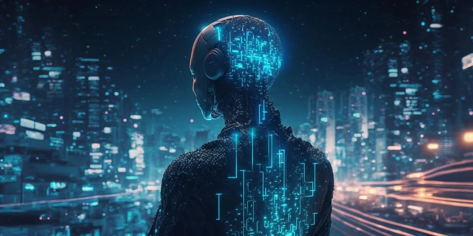 Artificial intelligence concept. Virtual human robot looking at metropolis. Big Stock Illustration