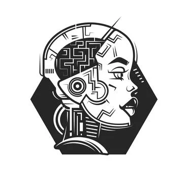 Artificial intelligence concept.Head of robot with half of female face Liner  Stock Illustration