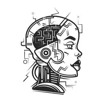 Artificial intelligence concept.Head of robot with half of female face Line.. Stock Illustration