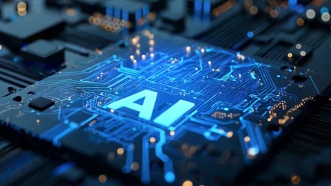 Artificial Intelligence Conceptual Graphic with Blue Circuit Board Backdrop Stock Footage 339267583