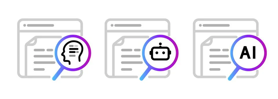 Artificial intelligence content detection icons set showing magnifying Illustrazione stock