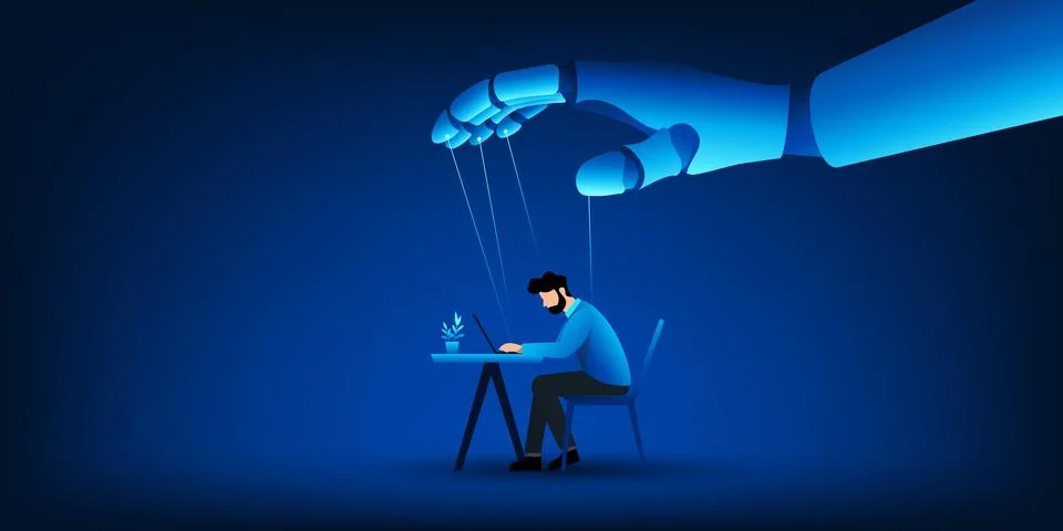 Artificial Intelligence Control Concept with Robot Hand Manipulating Human .. Illustration