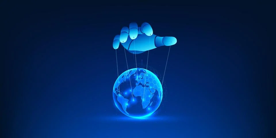 Artificial Intelligence Controlling the World Concept, Robot Hand Manipulat.. Stockillustratie