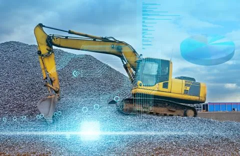 Artificial intelligence controls the excavator without human intervention and Stock Photos