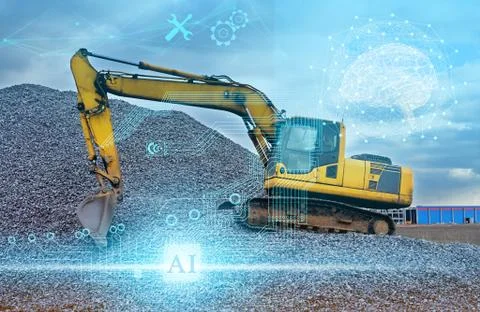Artificial intelligence controls the excavator without human intervention and Stock Photos