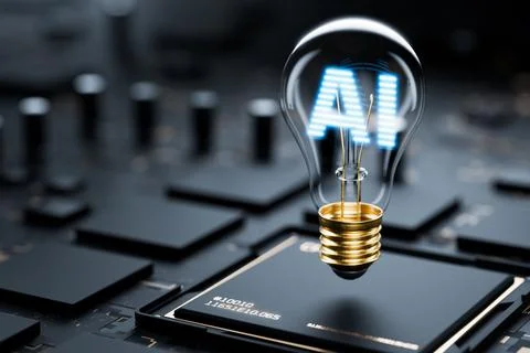 Artificial intelligence controls the smart home. AI in a light bulb on a Stock Illustration