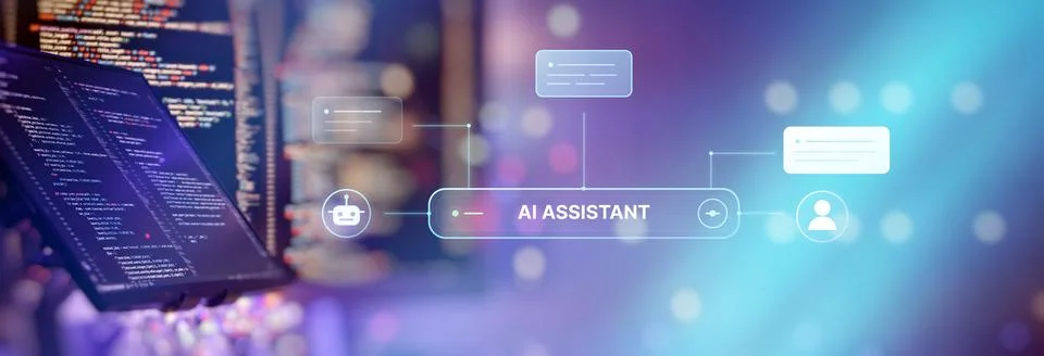 Artificial intelligence copilot and workflow automation. Glowing AI assistant Fotos de archivo