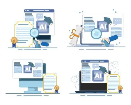 Artificial intelligence course set, online learning, certification programs. Stock Illustration