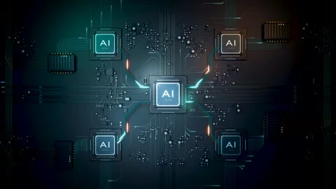 Artificial intelligence CPU processing data on a motherboard circuit. 3d Stock Footage 346373318