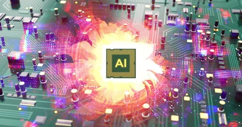 Artificial intelligence CPU processor on circuit board with fire effects. Stock-Footage 337187166