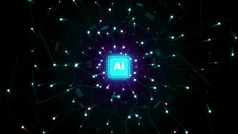 Artificial intelligence cpu processor with glowing digital data network con.. Video stock 345181341