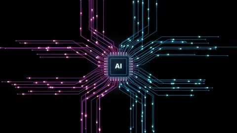 Artificial intelligence cpu processor with glowing data flow network Video stock 345181344