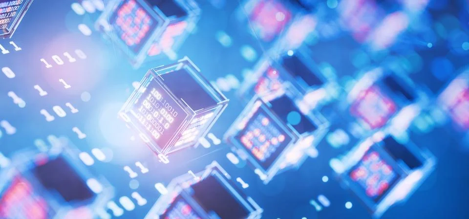 Artificial Intelligence. Cube with binary code. Big data. Abstract technica.. Illustrazione stock