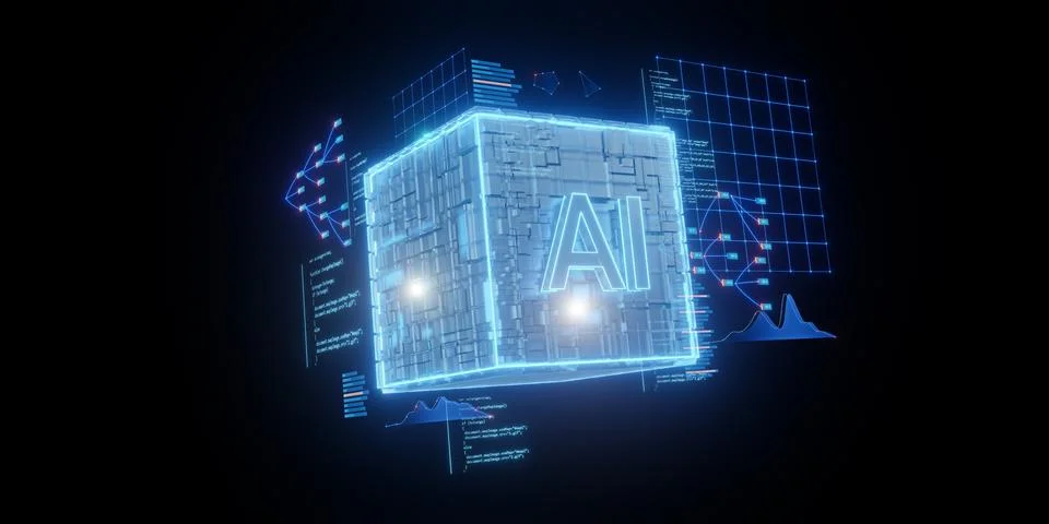 Artificial Intelligence Cube with Data Visualization 스톡 일러스트