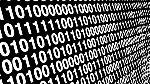 Artificial intelligence in cybercrime lines of binary code on black background Stock Footage 260472454