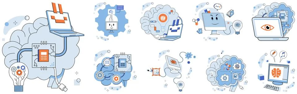 Artificial intelligence. In cybernetic realm, processors are engines propelling Stock Illustration