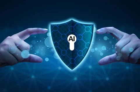 Artificial Intelligence Cybersecurity Protection Concept with Human Hands S.. Stock Photos