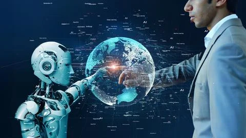 Artificial Intelligence cyborg and man 스톡 사진