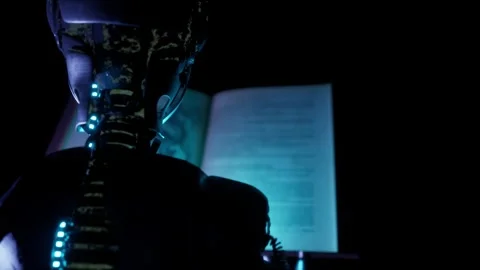 Artificial intelligence cyborg scanning book for machine learning. High-tech Stock Footage 341317809