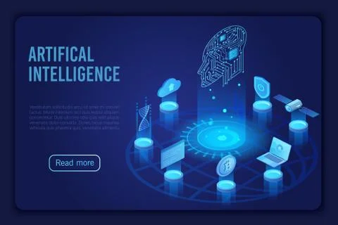Artificial intelligence dark neon light landing page isometric vector template イラスト素材